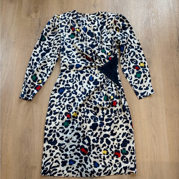 Vintage Cream and Navy Colorful Leopard Print Dress Size Small - Picture 3 of 10
